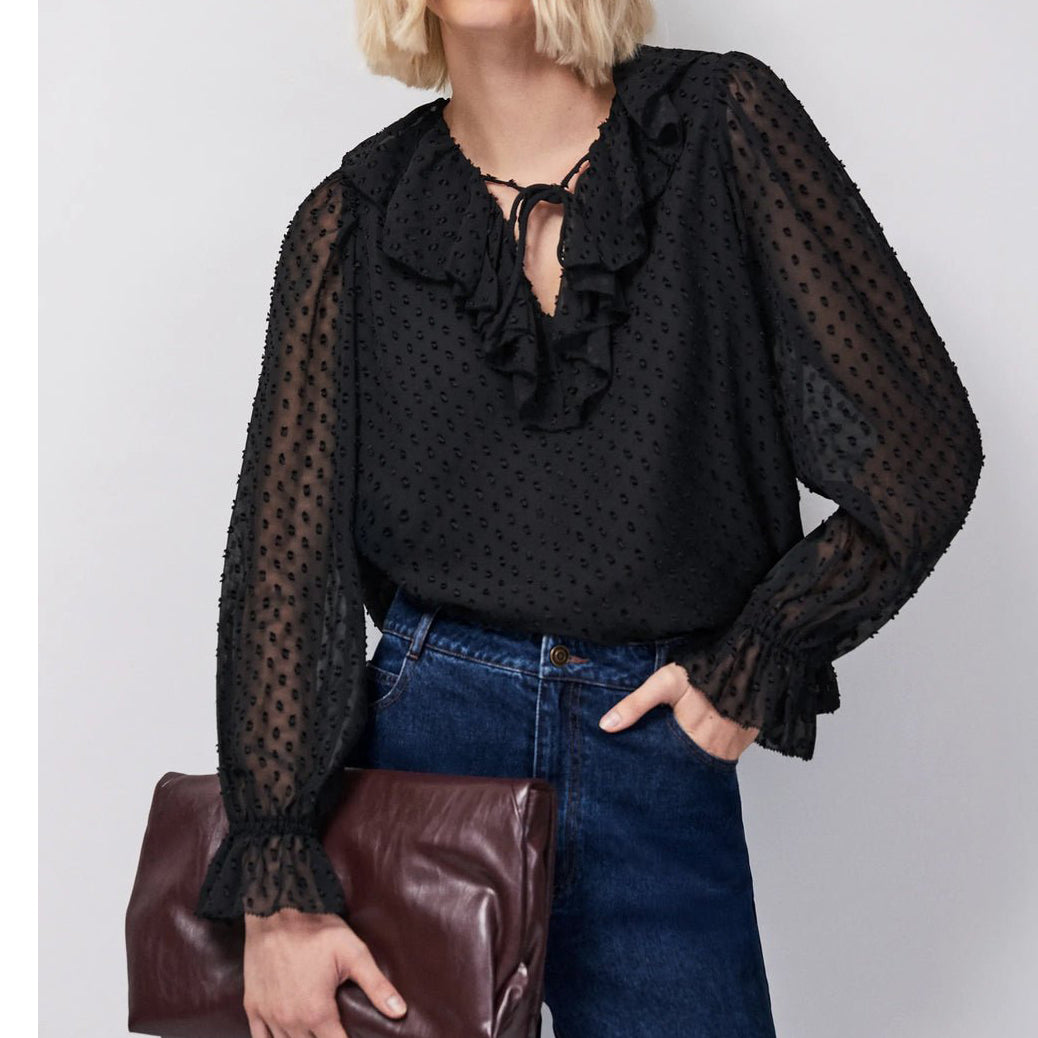 Ro&Zo Black Dobby Ruffle Front Blouse Top
