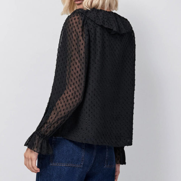 Ro&Zo Black Dobby Ruffle Front Blouse Top