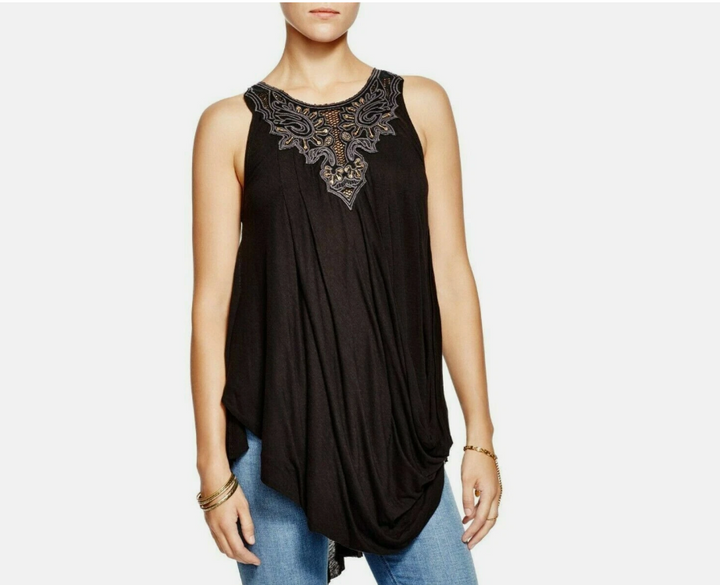 Free People Black Jersey Aiden New World Tunic Top Black Embellished XS 107649