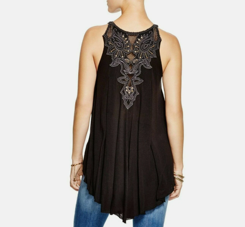 Free People Black Jersey Aiden New World Tunic Top Black Embellished XS 107649