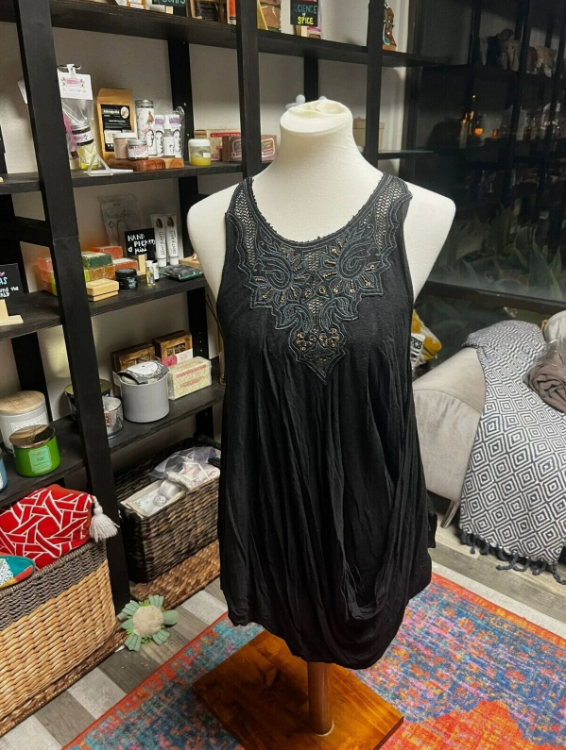 Free People Black Jersey Aiden New World Tunic Top Black Embellished XS 107649