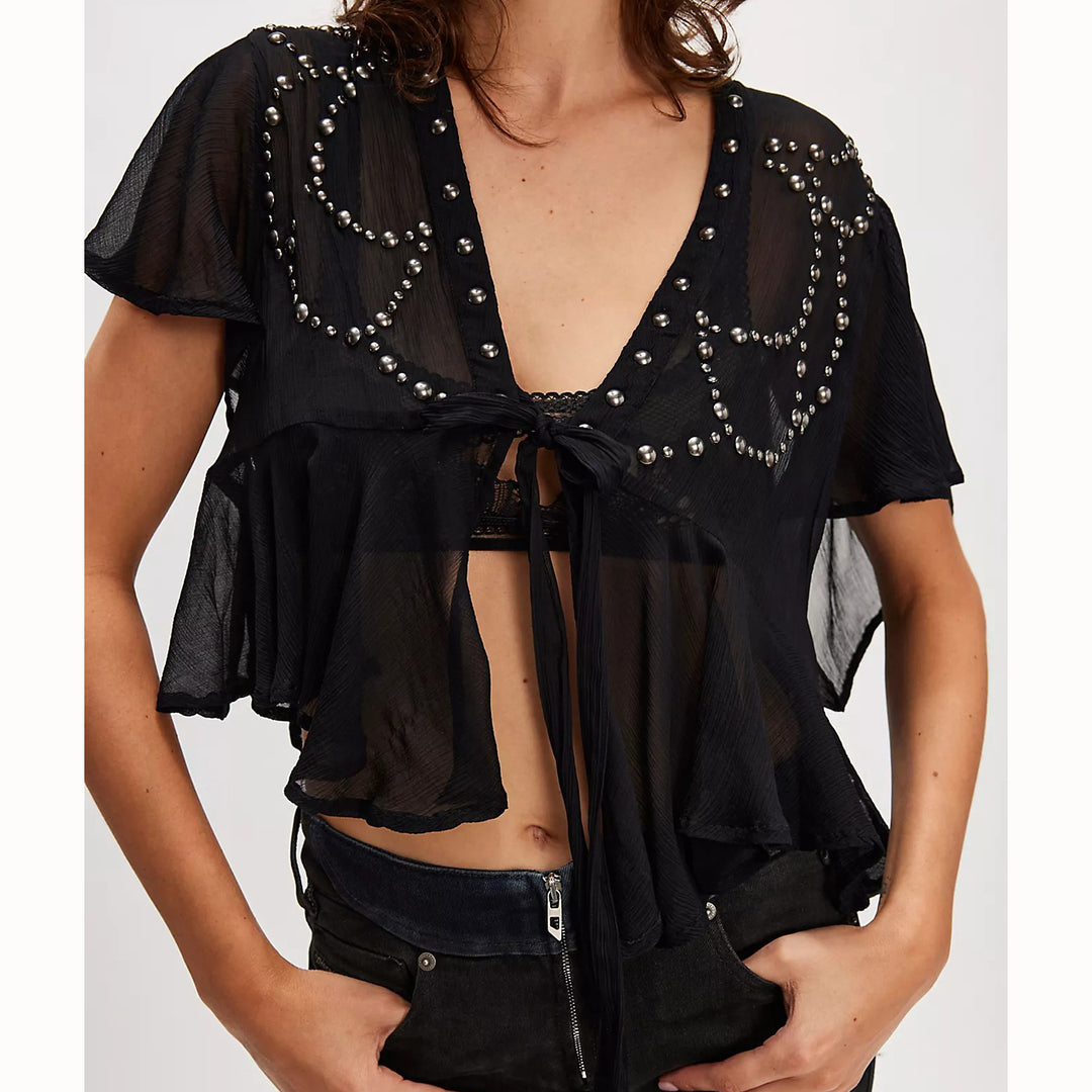 Free People So Fine Embellished Studded Blouse Top