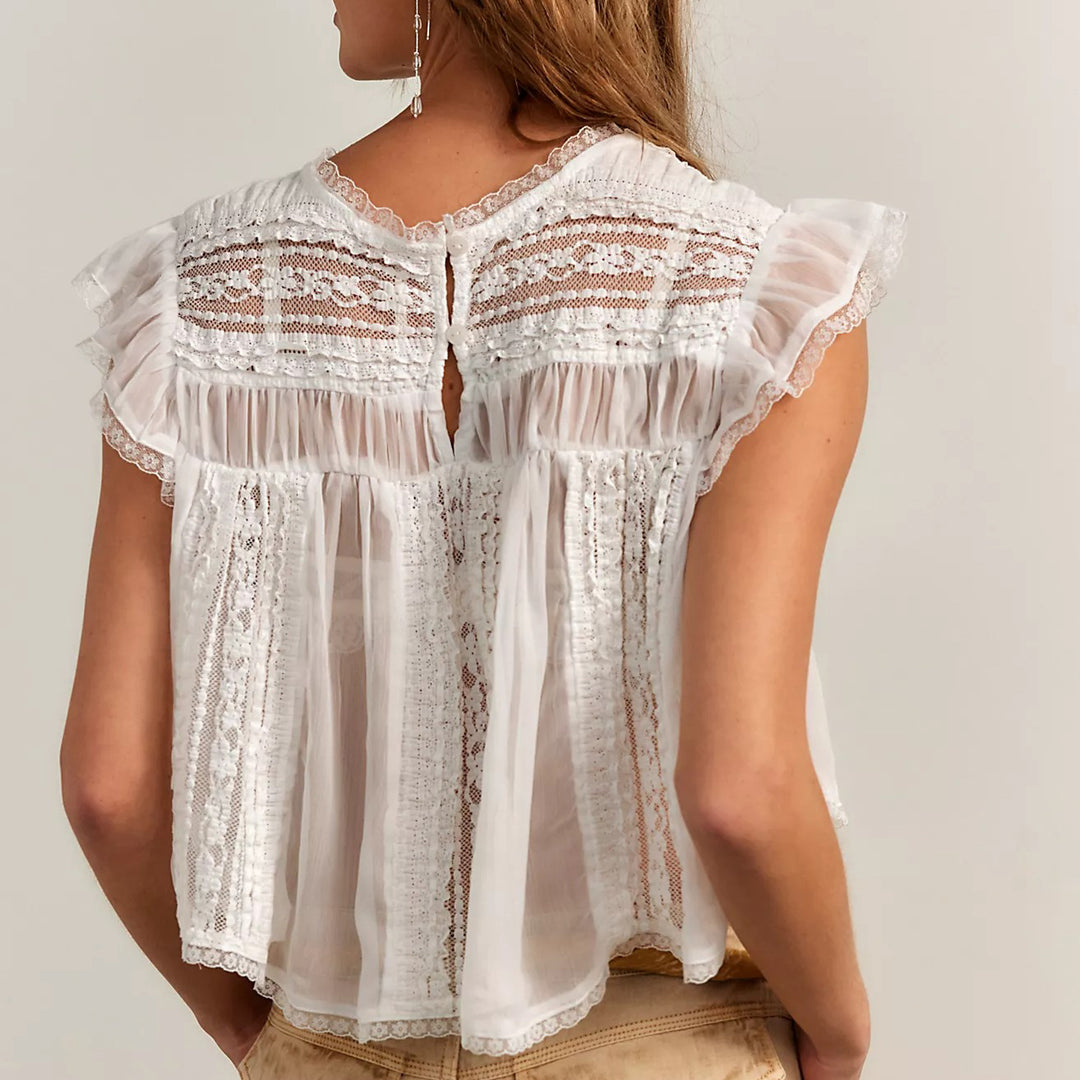 Free People Sun Drenched Sheer Lace Cropped Blouse Top