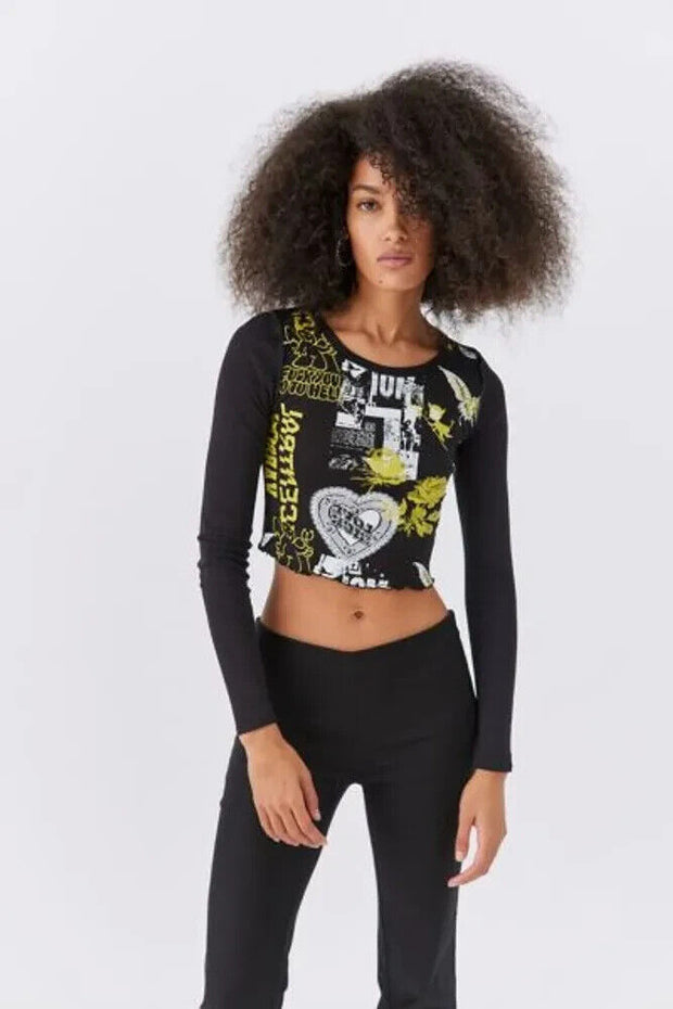 Urban Outfitters UO Fawn Zine Fitted Long Sleeve Graphic Tee Top