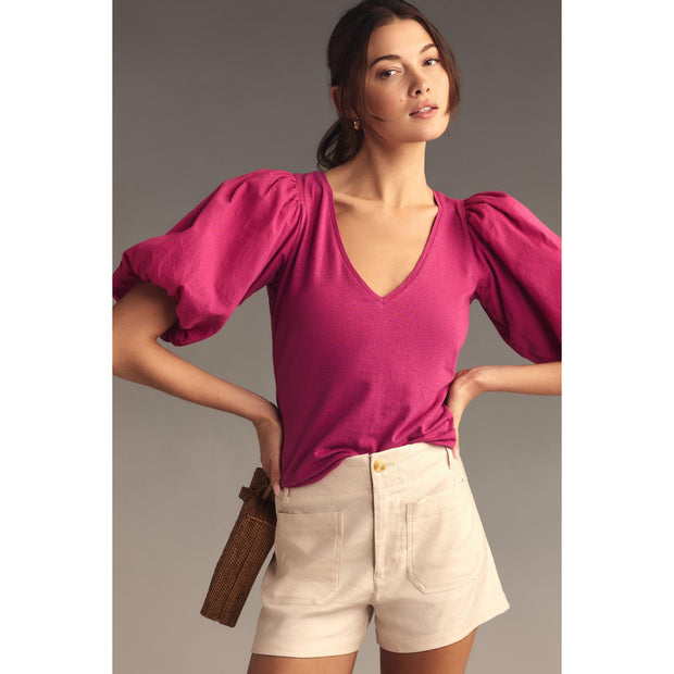 By Anthropologie Puff-Sleeve V-Neck Blouse Top