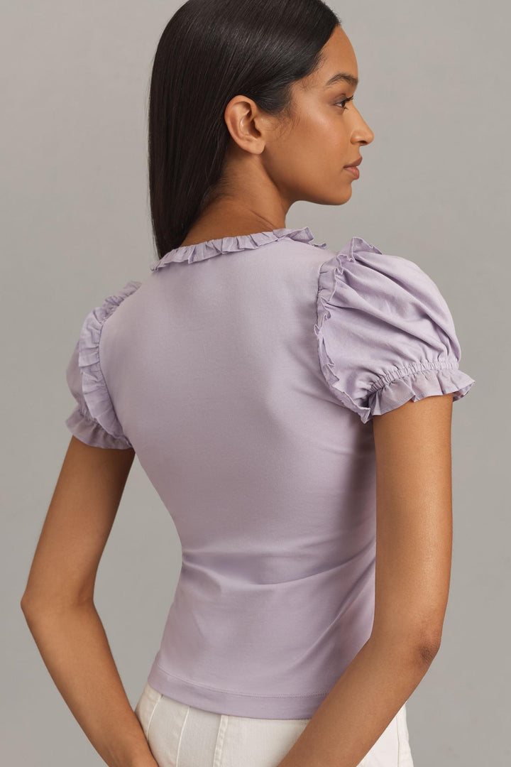 Maeve Anthropologie Puff-Sleeve Ruffle Henley Tee Blouse Top