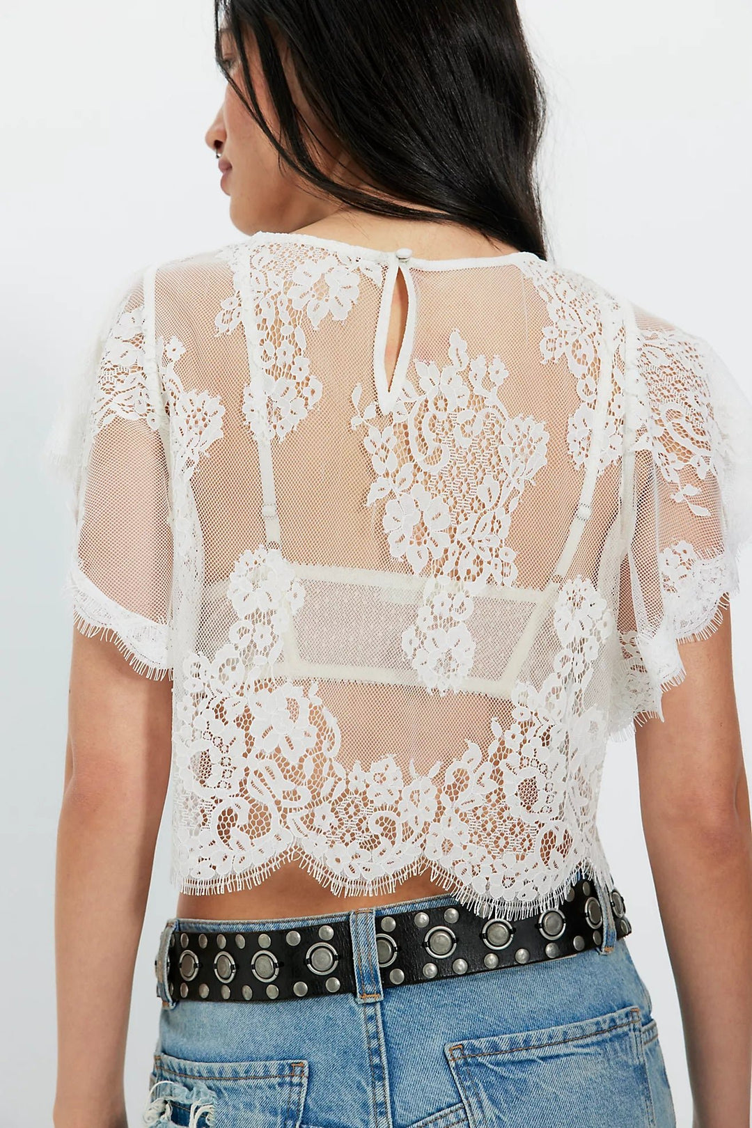 Free People Lunar Ash Lace Cropped Blouse Top