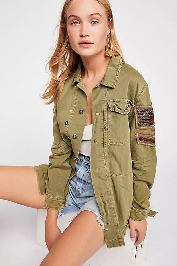 Free People Embellished Military Shirt Jacket Top S