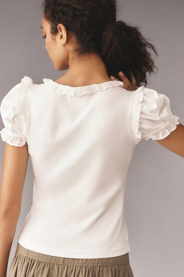 Maeve Anthropologie Puff-Sleeve Ruffle Henley Tee Blouse Top