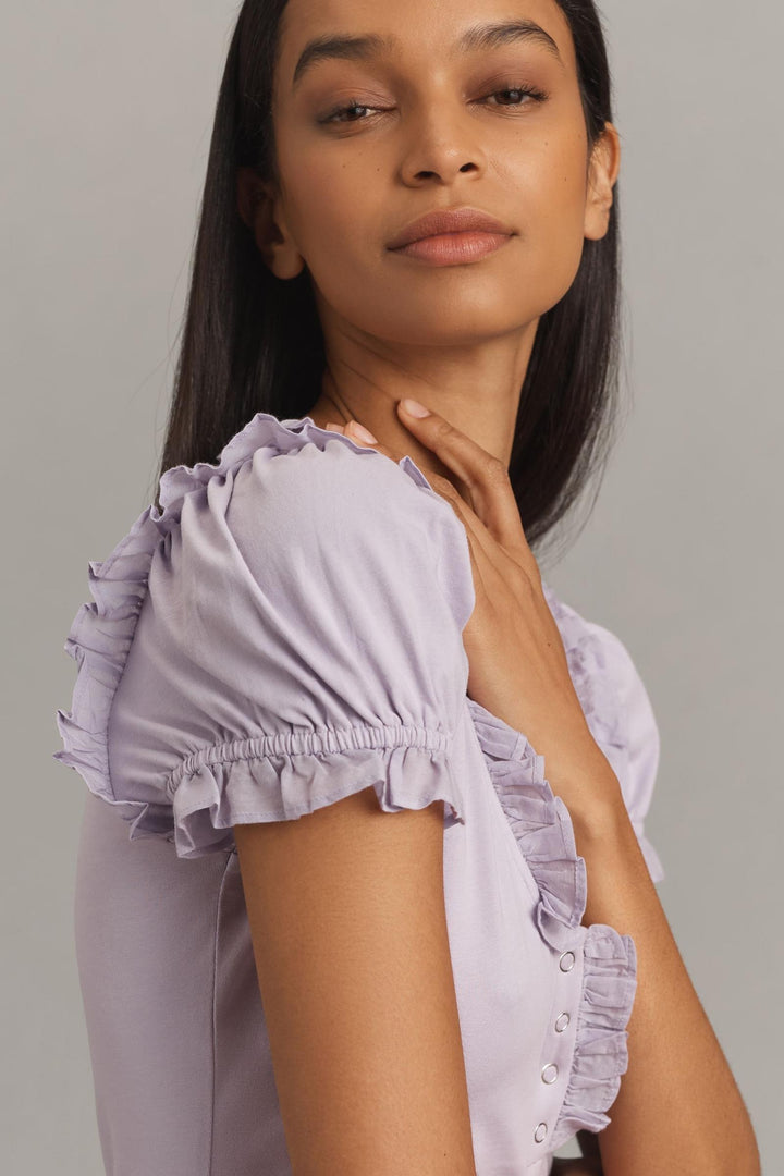 Maeve Anthropologie Puff-Sleeve Ruffle Henley Tee Blouse Top