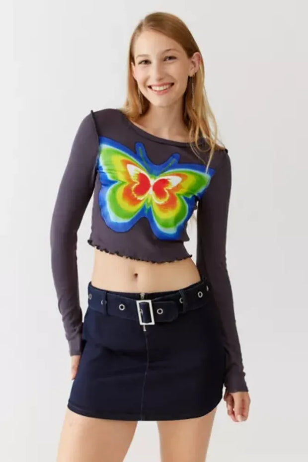 Urban Outfitters UO Fawn Butterfly Fitted Long Sleeve Tee Cropped Top