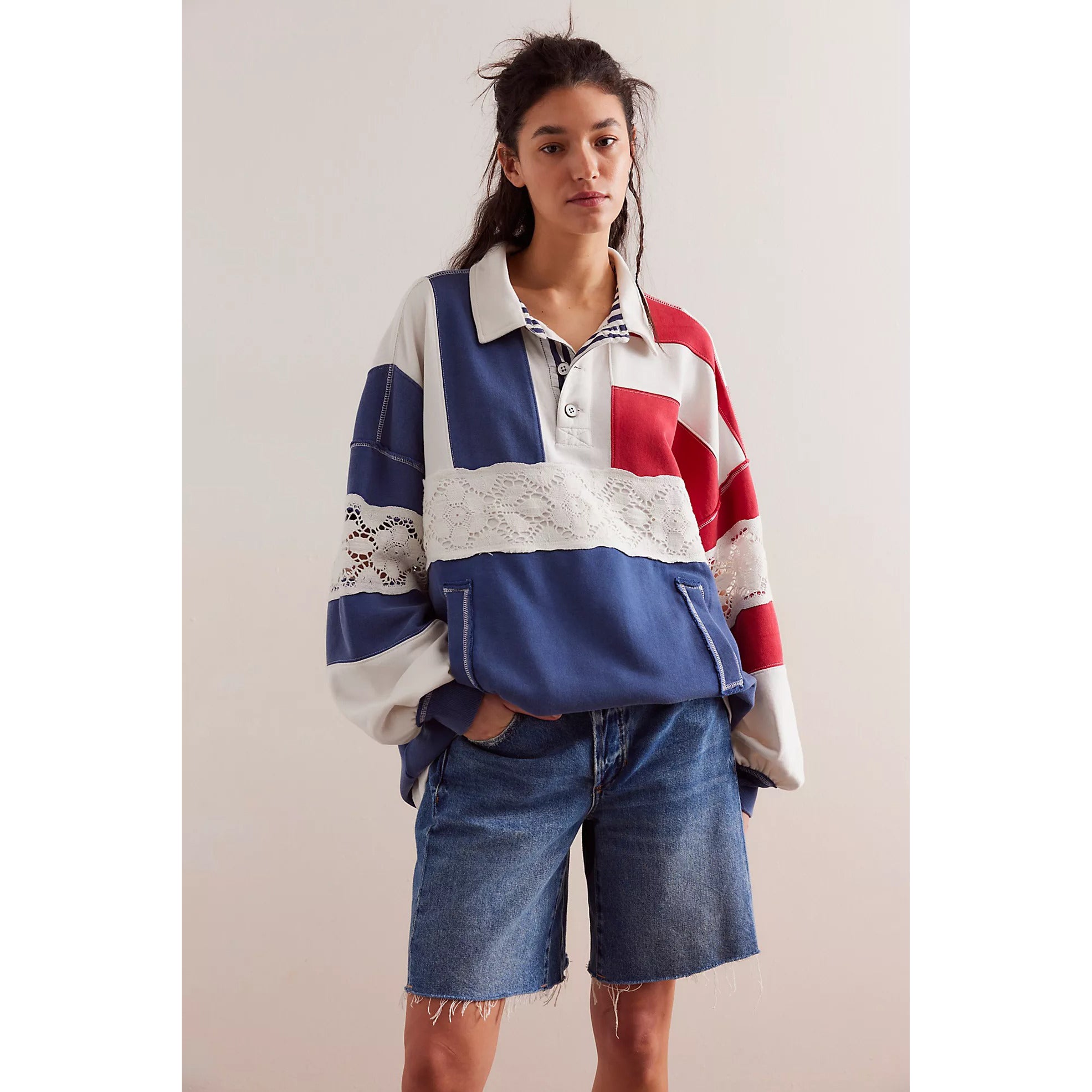 和洋折衷　歪み sphere pullover Free People We The Free American Dream Polo Pullover Top – White