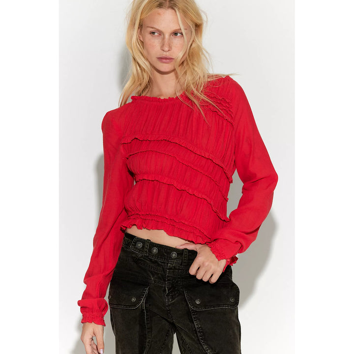 Free People Pink Sands Ruched Long Sleeve Cropped Top