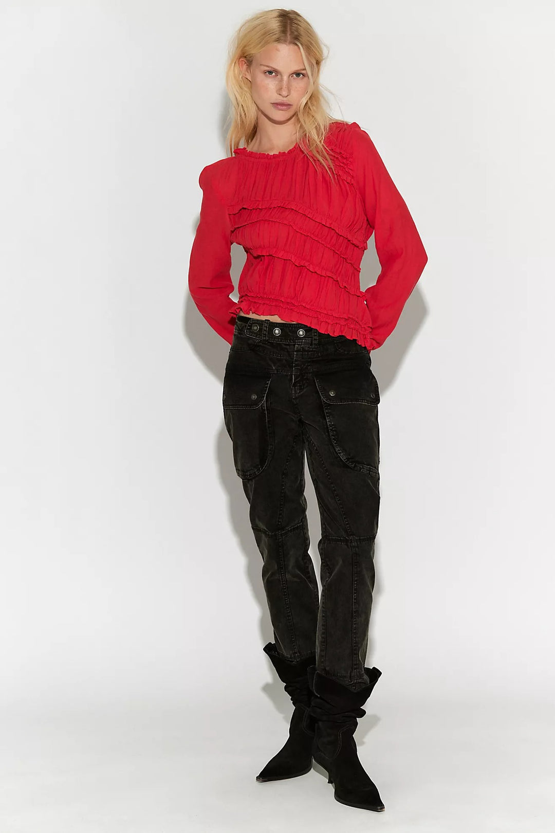 Free People Pink Sands Ruched Long Sleeve Cropped Top