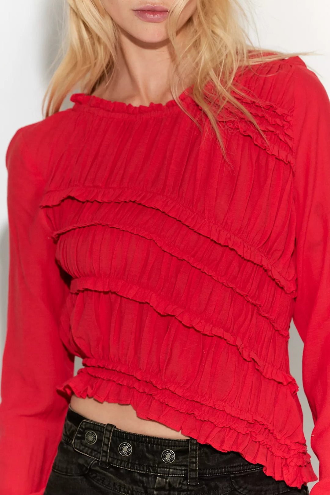 Free People Pink Sands Ruched Long Sleeve Cropped Top