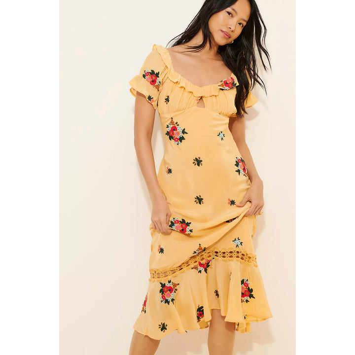 Free People Bali Santa Cruz Maxi Dress Floral  Embroidered Cutout Ruffle