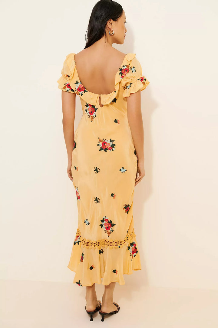 Free People Bali Santa Cruz Maxi Dress Floral  Embroidered Cutout Ruffle