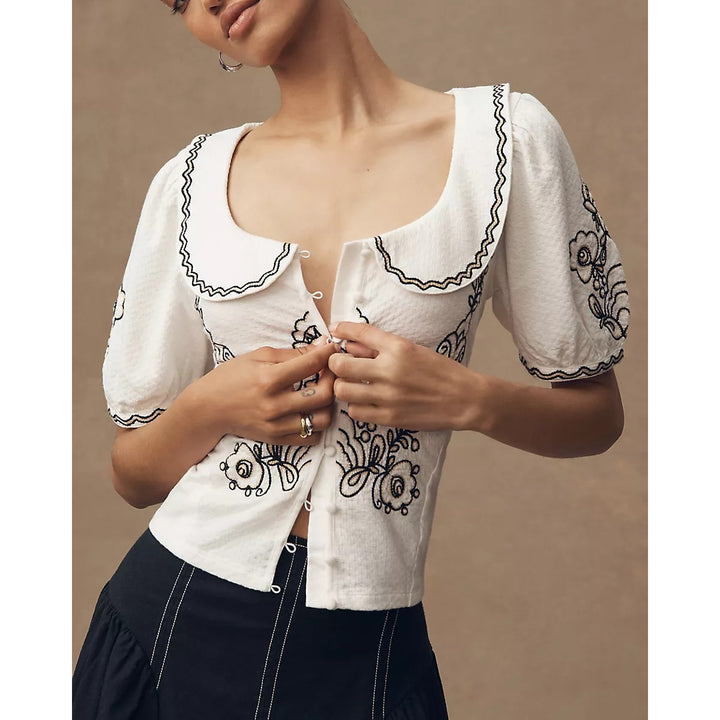 By Anthropologie Embroidered Button-Front Collared Blouse Top