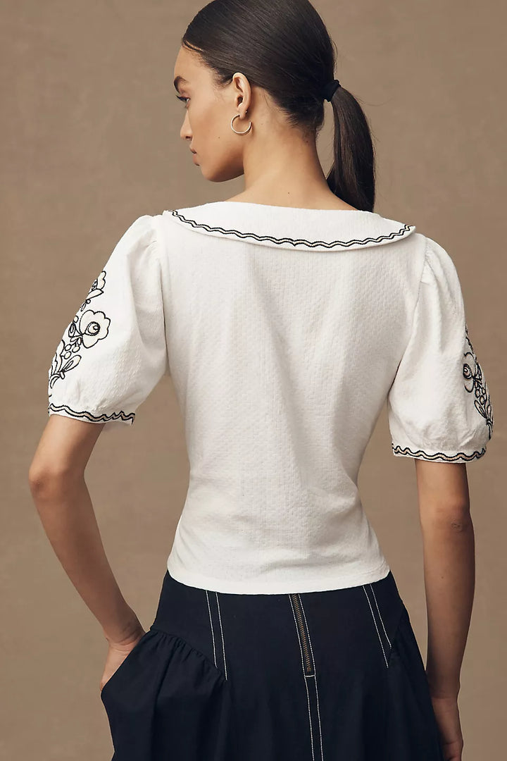 By Anthropologie Embroidered Button-Front Collared Blouse Top