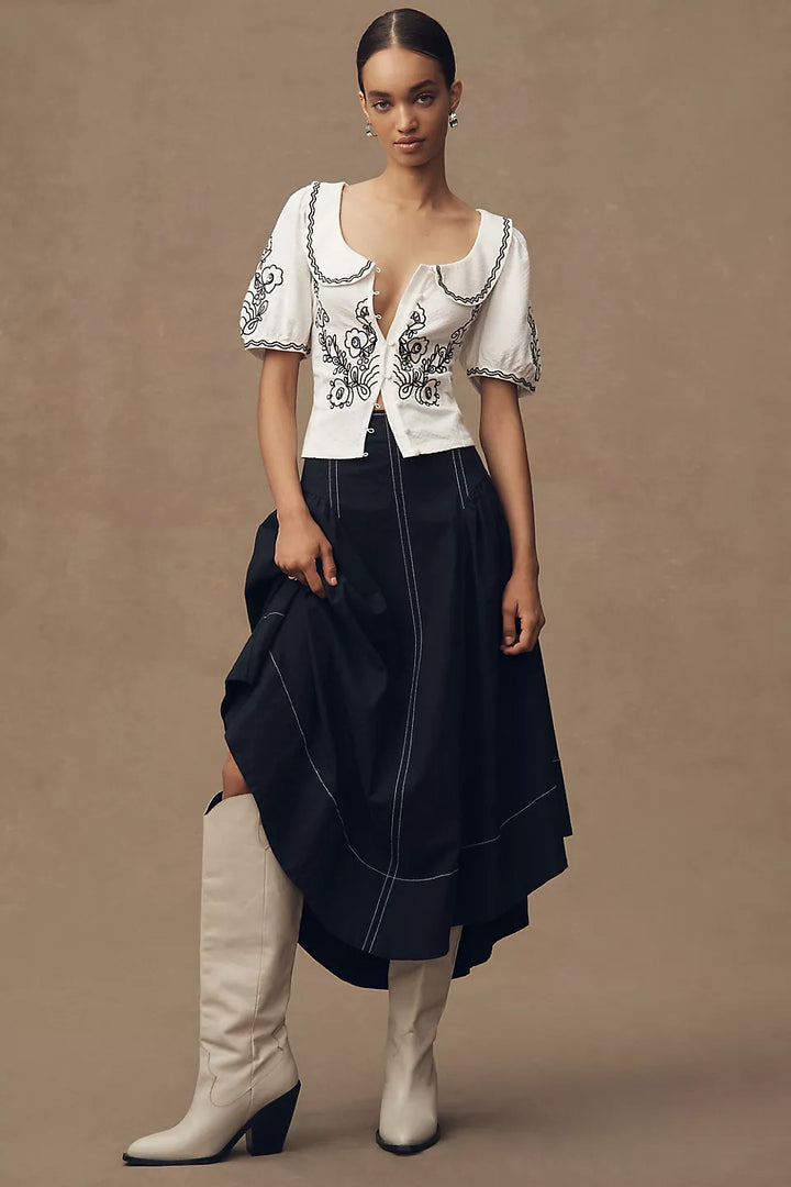 By Anthropologie Embroidered Button-Front Collared Blouse Top