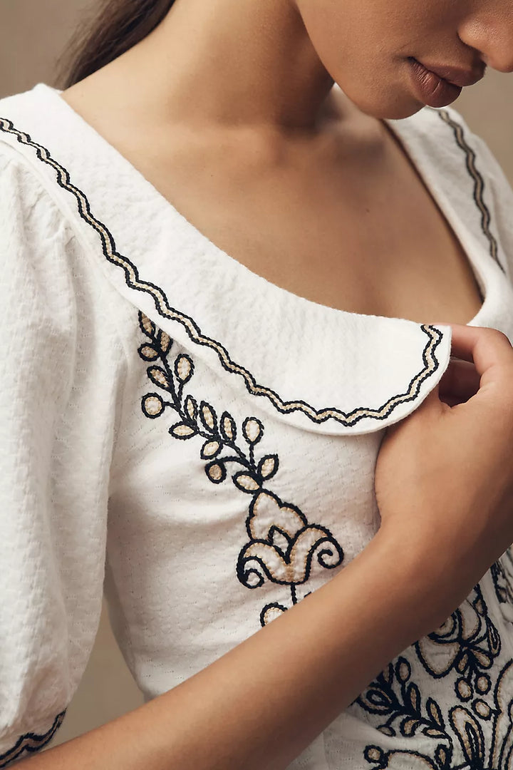 By Anthropologie Embroidered Button-Front Collared Blouse Top