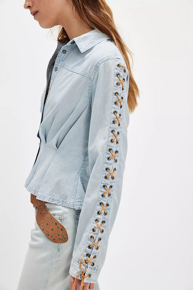 Free People Lala Lace Button Down Shirt Top