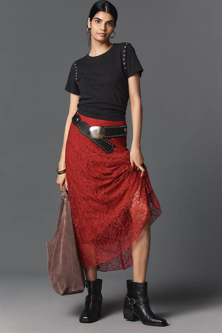 By Anthropologie Asymmetrical Drop-Waist Lace Midi Skirt