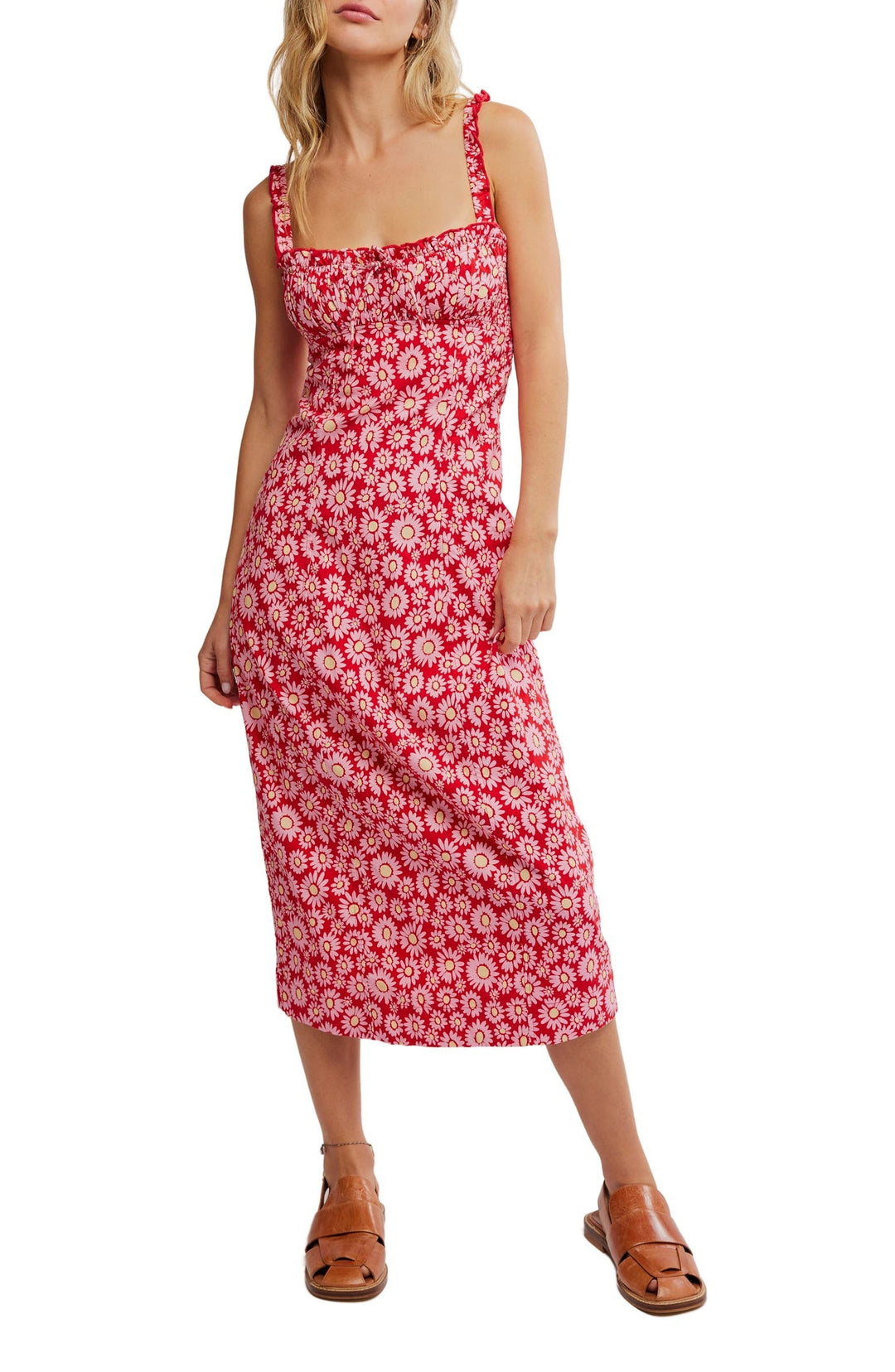 Free People Lucinda Floral Print Smocked Ruffled Sleeveless Midi Dress