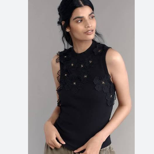 By Anthropologie Sleeveless 3D Floral Applique Blouse Top