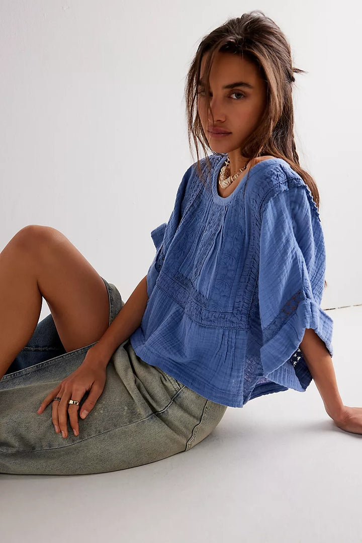 Free People Eden Lace Tee Blouse Top