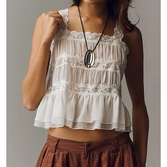By Anthropologie Shirred Lace Tank Women's Blouse Top