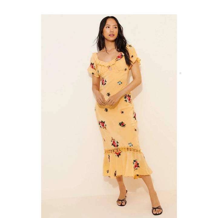 Free People Bali Santa Cruz Maxi Dress Floral  Embroidered Cutout Ruffle