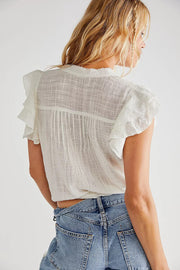 Free People FP One Naya Top Ruffle V-Neck Short Sleeve Blouse Shirt