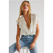 Free People FP One Naya Top Ruffle V-Neck Short Sleeve Blouse Shirt