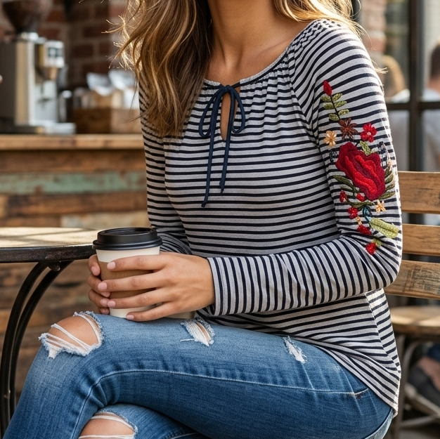 Caite Anthropologie Embroidered Striped Printed Tunic Top