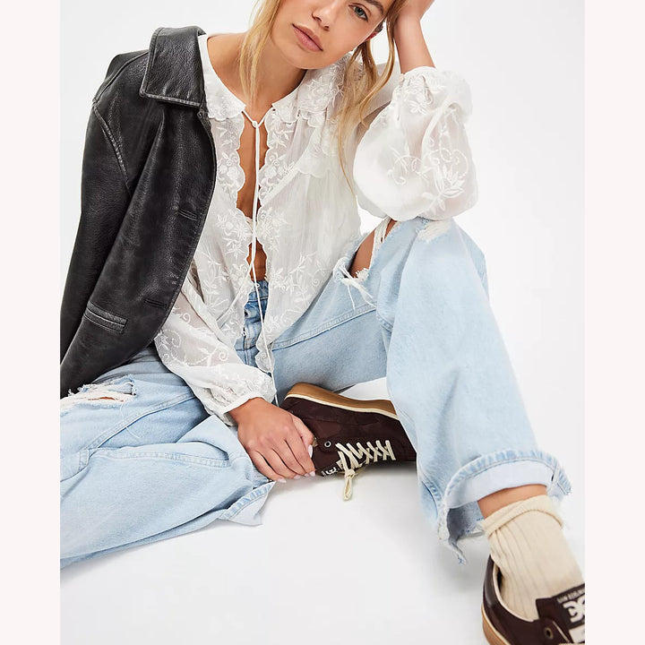 Free People Dreamer Girl Embroidered Blouse Top