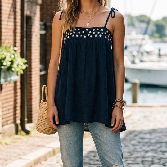 Anthropologie Floral Embroidered Smocked Cami Tunic Top