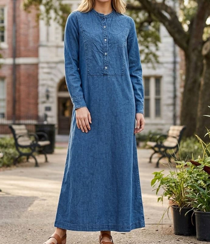 Nili Lotan Solid Denim Shirt Long Maxi Dress
