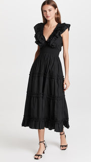 Love The Label Anthropologie Black Poplin V Neck Ruffle Midi Dress