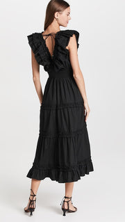 Love The Label Anthropologie Black Poplin V Neck Ruffle Midi Dress