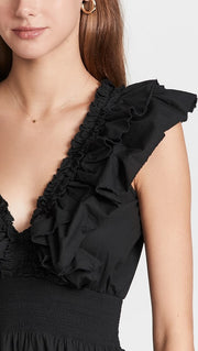 Love The Label Anthropologie Black Poplin V Neck Ruffle Midi Dress