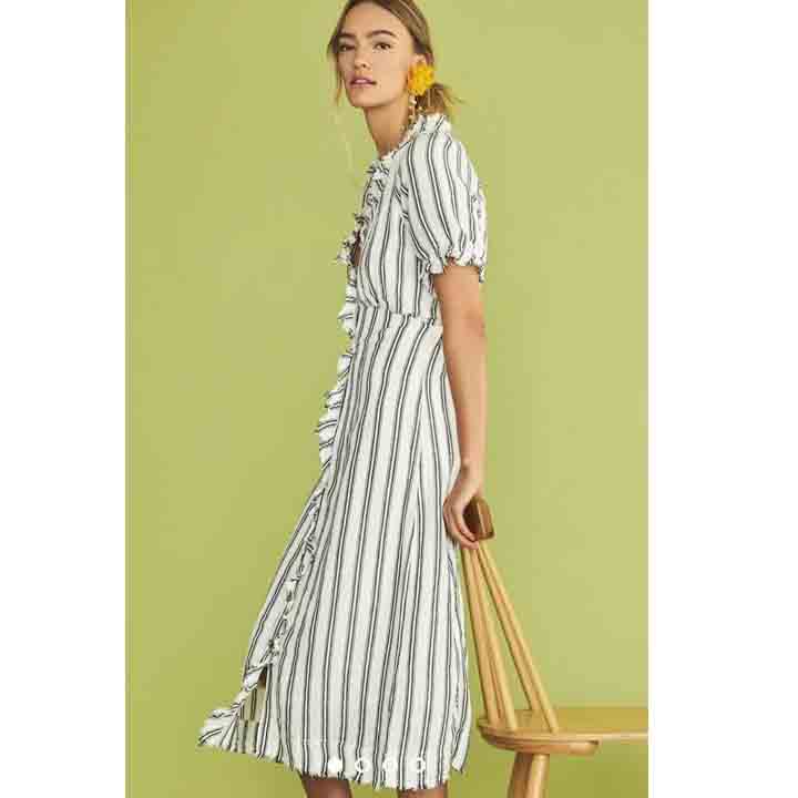 Anthropologie Pilcro Striped Ruffle-Collar Buttondown Midi Dress
