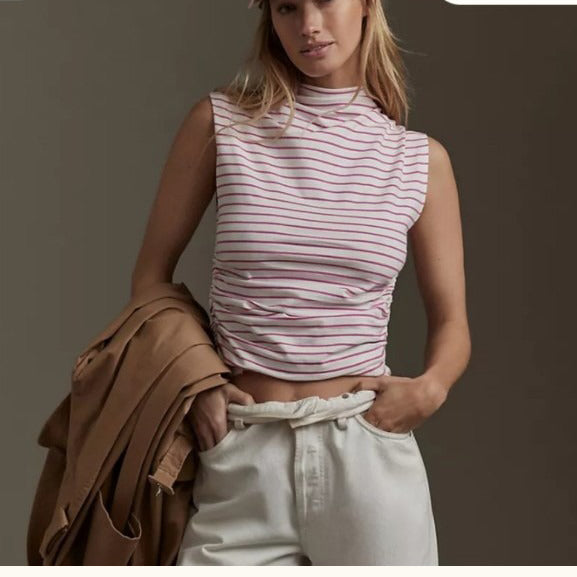 Maeve Anthropologie Mock-Neck Striped Printed Tank Blouse Top