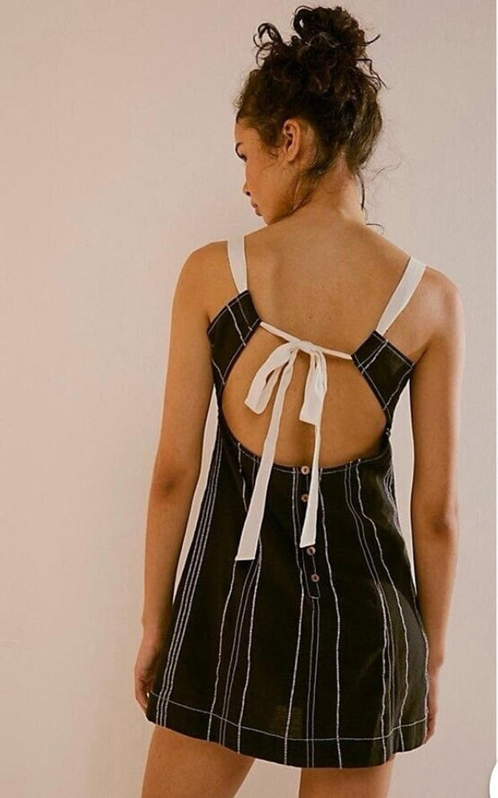 Free People Est Sailor Mini Striped Dress Babydoll Laceup Cotton