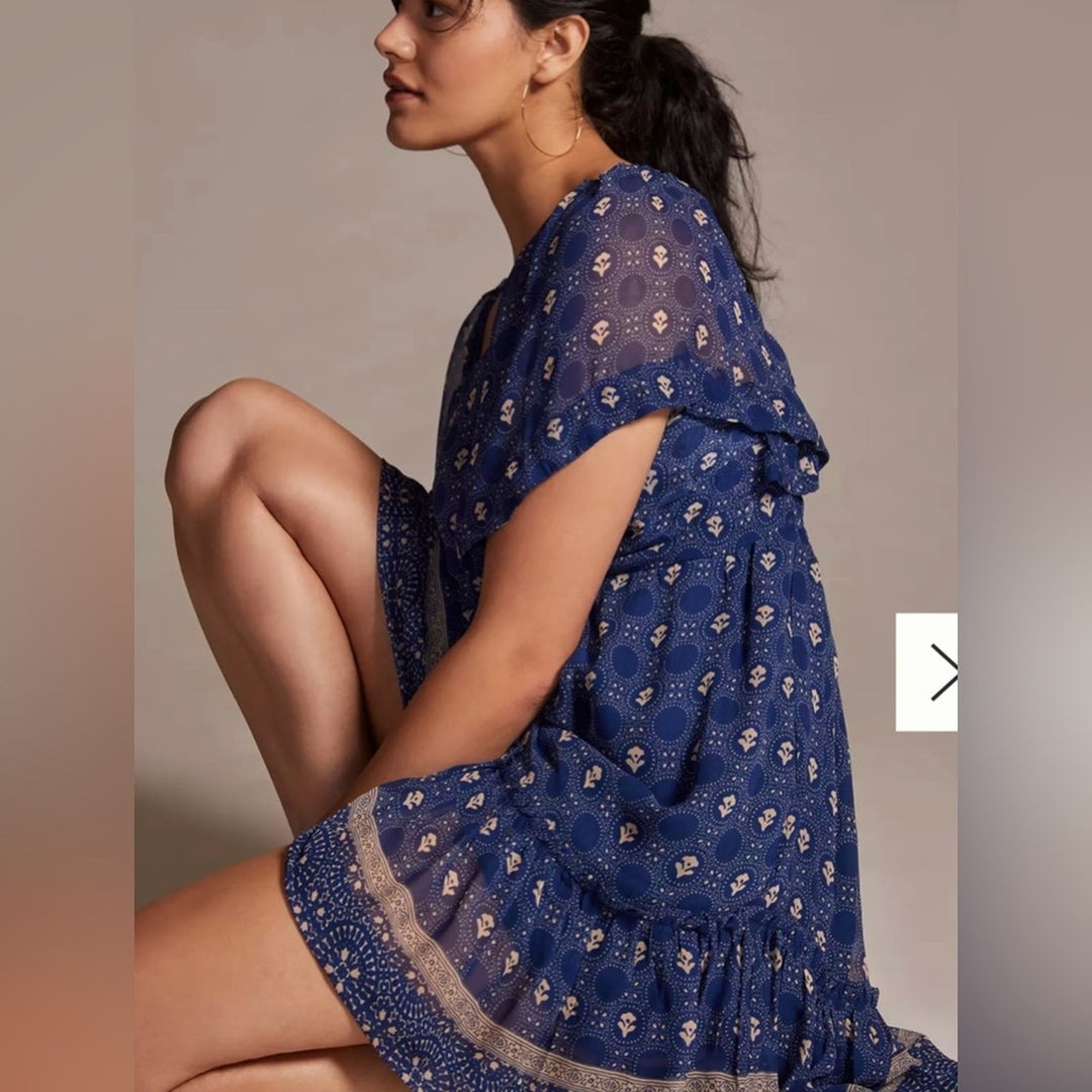 Anthropologie Maeve Flutter Sleeve Shirred Open Back Mini Dress