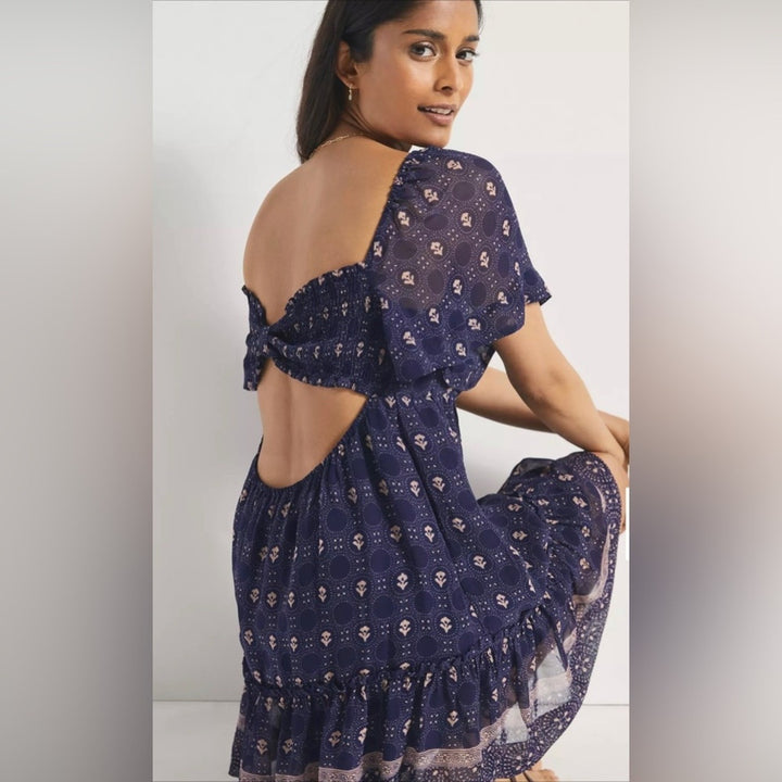 Anthropologie Maeve Flutter Sleeve Shirred Open Back Mini Dress