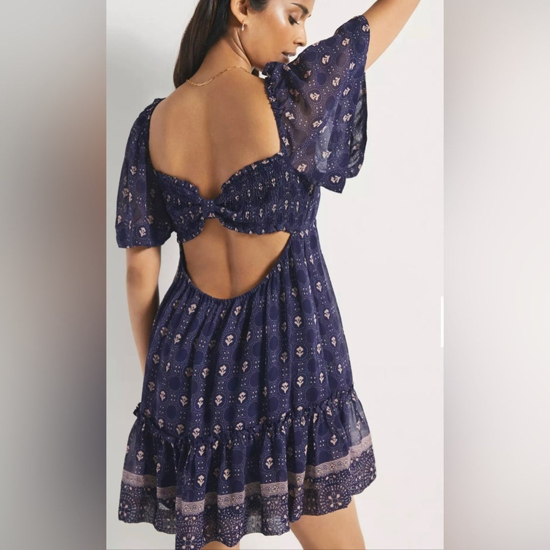 Anthropologie Maeve Flutter Sleeve Shirred Open Back Mini Dress