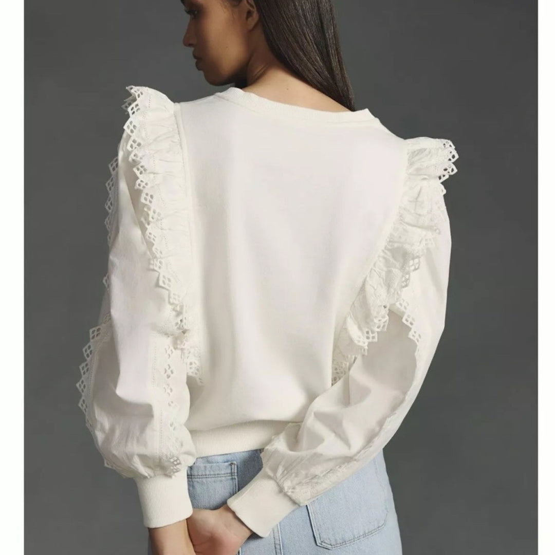 By Anthropologie Ruffle-Sleeve Lace Sweatshirt Top