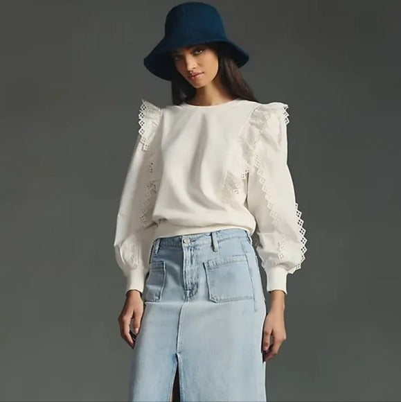 By Anthropologie Ruffle-Sleeve Lace Sweatshirt Top