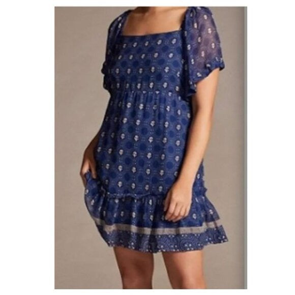 Anthropologie Maeve Flutter Sleeve Shirred Open Back Mini Dress